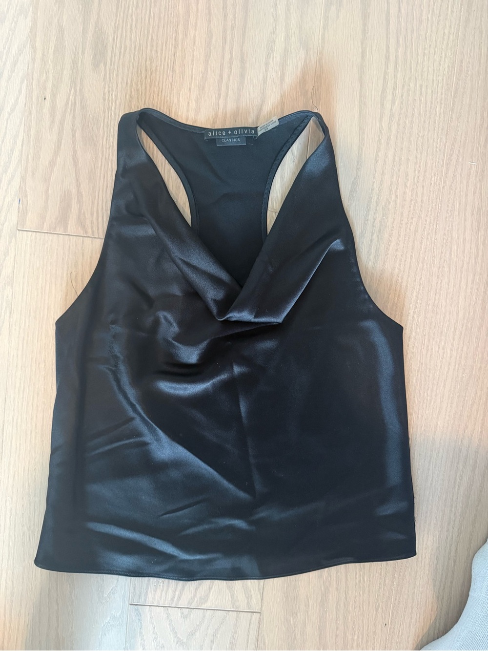 Alice + Olivia Black Satin Draped Cowl Racerback Tank